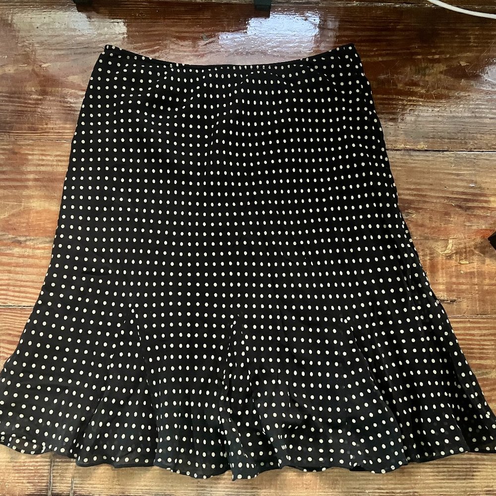 INC black skirt with tan polka dots, silk, size 6